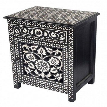 Handmade Bone Inlay Wooden Modern Floral Pattern Bedside with 1 Drawer and 1 Door Furniture