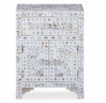 Handmade Mother of Pearl Inlay Wooden Modern Floral Pattern 1 Drawer and 2 Door Bedside Furniture