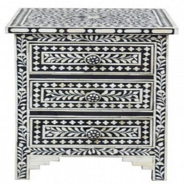 Handmade Bone Inlay Wooden Modern Floral Pattern Bedside with 3 Drawer Furniture .
