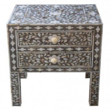Handmade Mother of Pearl Inlay Wooden Modern Floral Pattern 2 Drawer Bedside Furniture.