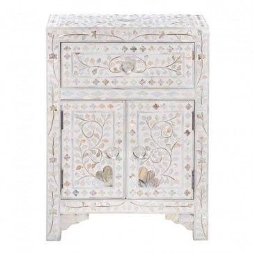Handmade Mother of Pearl Inlay Wooden Modern Floral Pattern with 1 Drawer and 2 Door Bedside Furniture.