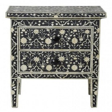Handmade Bone Inlay Wooden Modern Floral Pattern Bedside with 2 Drawer Furniture.