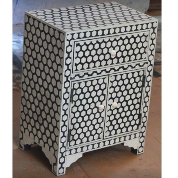 Handmade Bone Inlay Wooden Modern Hexagon Pattern 1 Drawer and 2 Door bedside Furniture.
