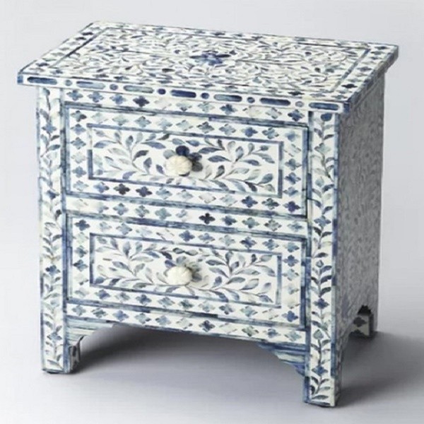 Handmade Mother of Pearl Inlay Wooden Modern Floral Pattern 2 Drawer Bedside Furniture
