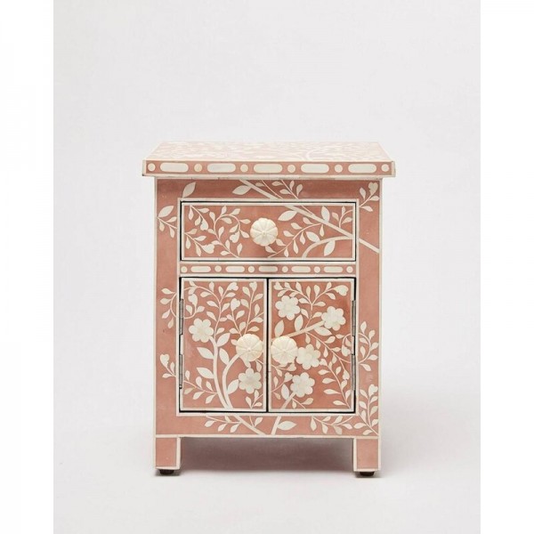 Handmade Bone Inlay Wooden Modern Floral Pattern with 3 Drawer Bedside Furniture.