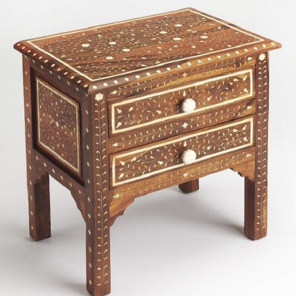  Handmade Bone Inlay Wooden Modern Antique 2 Drawer Bedside Furniture