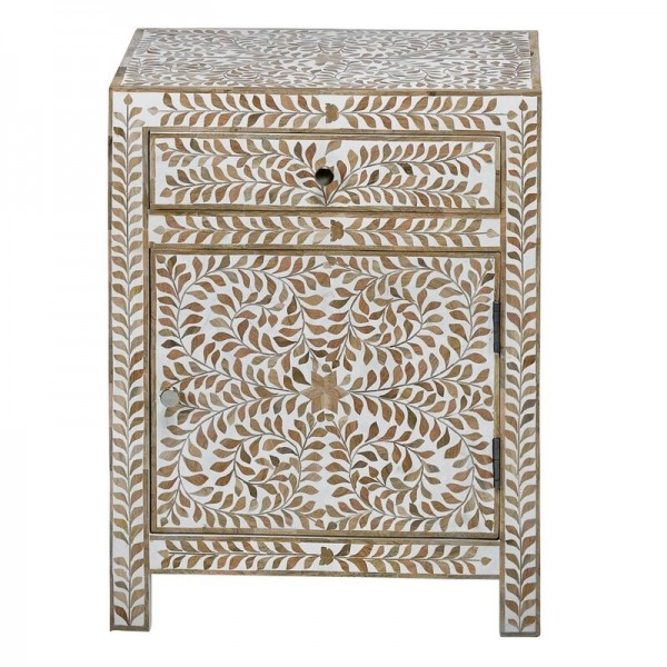 Handmade Bone Inlay Wooden Modern Floral  Pattern with 1 Drawer and 1 Door Bedside Furniture.