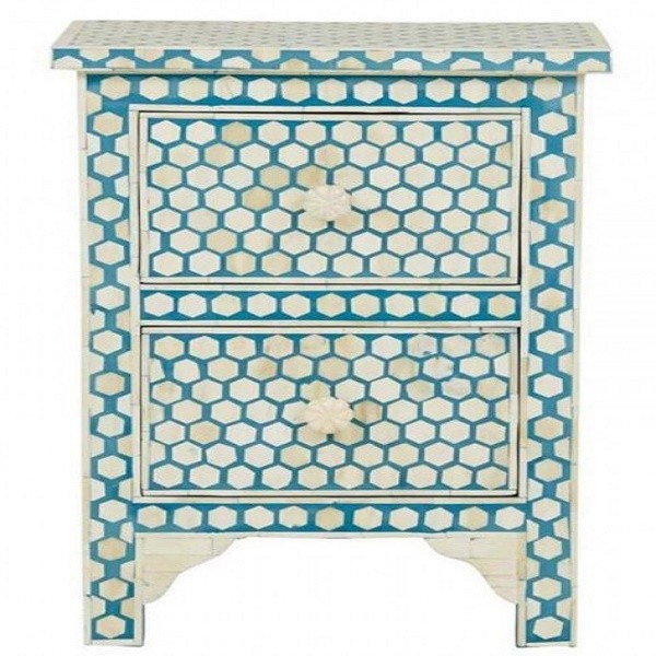 Bone Inlay Wooden Modern Antique Handmade  2 Drawer Hexagon Pattern Bed side Furniture