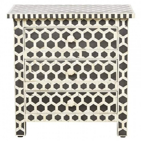  Handmade Bone Inlay Antique Wooden Modern Hexagon Pattern 3 Drawer Bedside Furniture