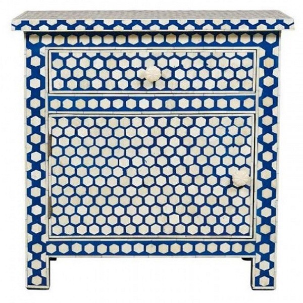 Handmade  Bone Inlay Wooden Modern Antique Hexagon Pattern 1 Drawer and 1 Door Bedside Furniture