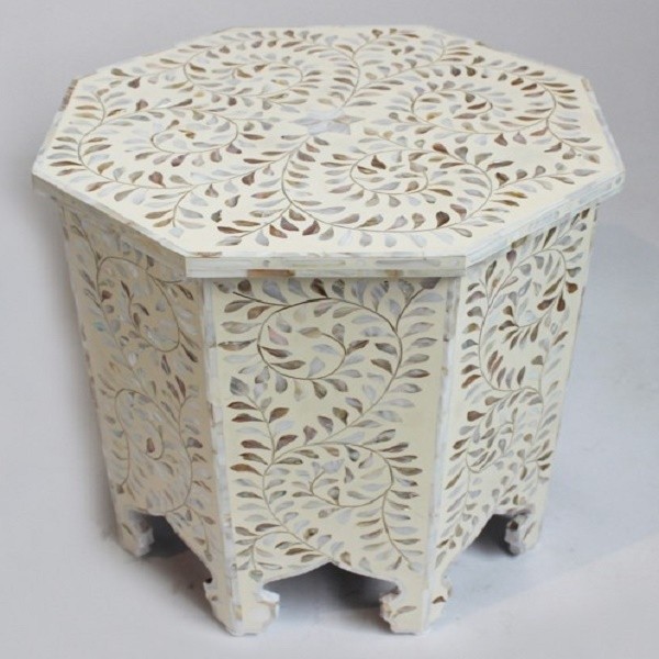 Handmade Mother Of Pearl Inlay Wooden Modern Floral Pattern End Table Furniture.