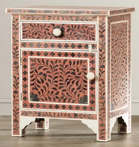 Handmade Bone Inlay Wooden Modern Floral Pattern Bedside with 1 Drawer and 1 Door Furniture .