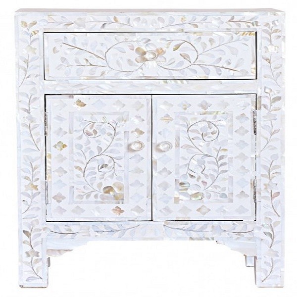 Handmade Mother of Pearl Inlay Wooden Modern Floral Pattern  1 Drawer and 2 Door Bedside Furniture
