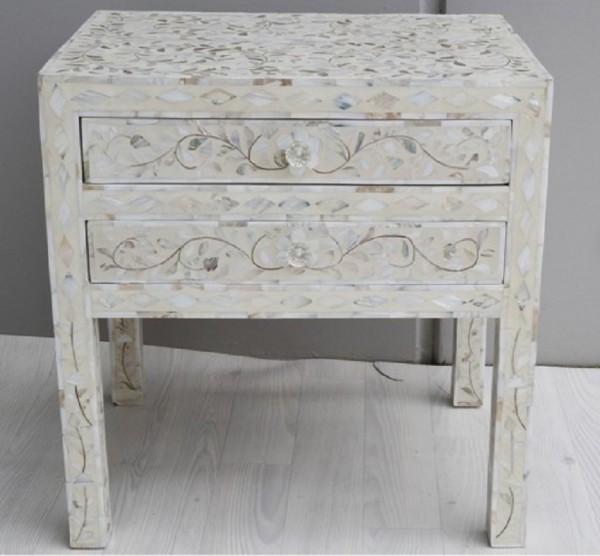 Handmade MOP Inlay Wooden Modern Floral Pattern Bedside with 2 Drawer Furniture .