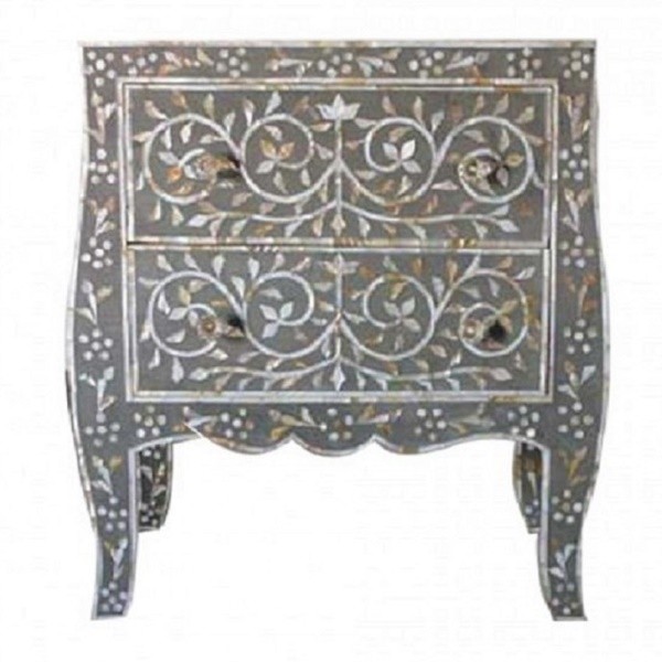 Handmade Mother of Pearl Inlay Wooden Modern Floral Pattern 2 Drawer Bedside Furniture.