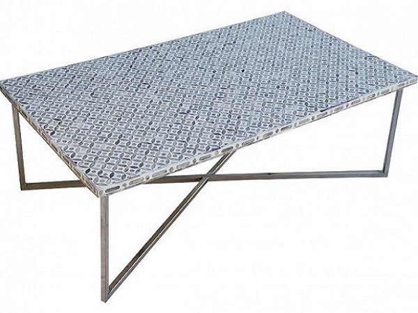 Handmade Bone Inlay Wooden Modern Geometric Pattern Coffee Table Furniture with Iron legs