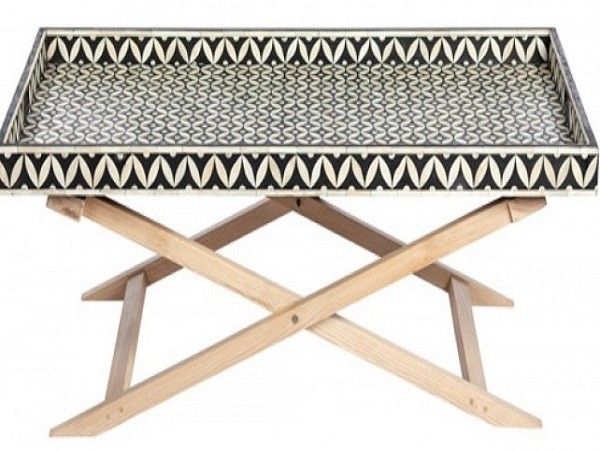 Handmade Bone Inlay Wooden Modern Geometric Pattern Coffee Table Furniture with wooden fold-able legs