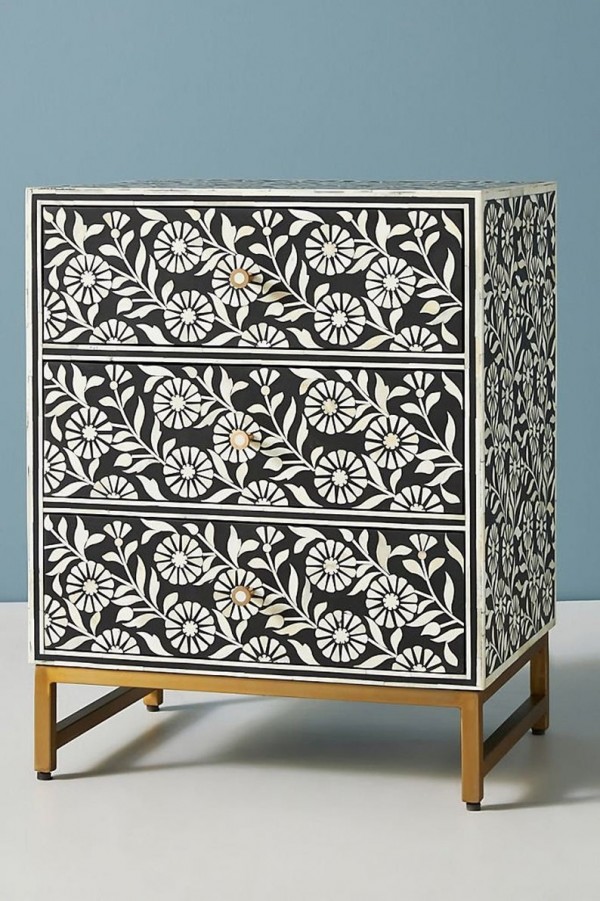 Handmade Bone Inlay Wooden Modern Floral Pattern 3 Drawer Bedside Furniture