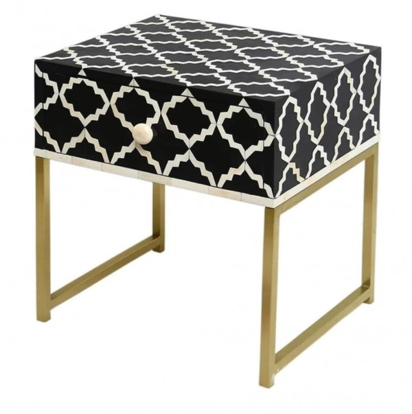 Handmade Bone Inlay Mughal Pattern Wooden Modern 1 Drawer End Table Furniture