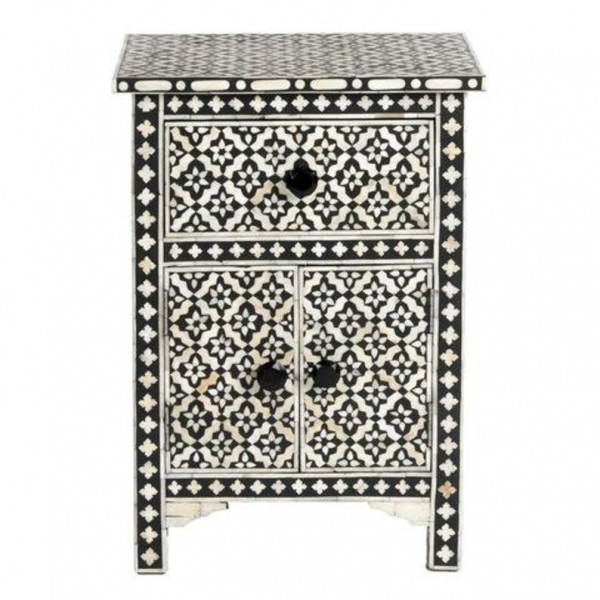 Handmade Bone Inlay Wooden Modern Floral Pattern with 1 Drawer and 2 Door Bedside Furniture.