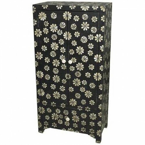 Handmade Black Bone Inlay Floral Two Door and one Drawer Almira