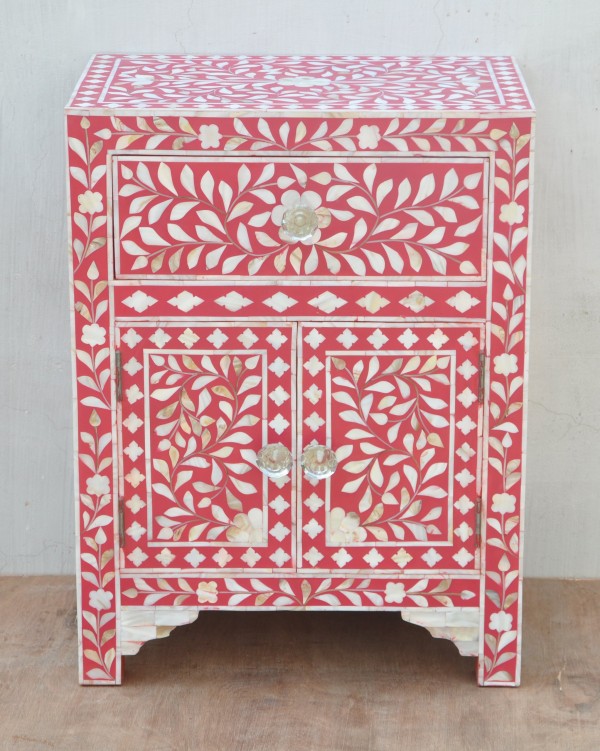 Handmade Mother Of Pearl Inlay Antique Home Decor Floral Pattern 1 Drawer and 2 Door Bedside Furniture 