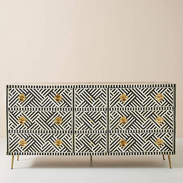 Handmade Bone Inlay Wooden Modern Striped Pattern Sideboard Furniture