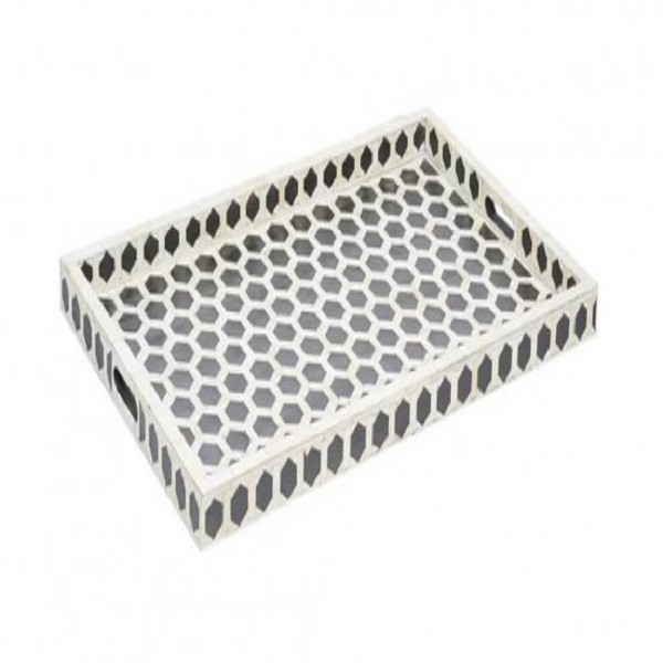 Handmade Bone Inlay Wooden Modern Hexagon Pattern Serving Tray